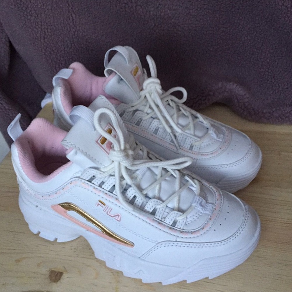 White & Pink Fila Disruptors